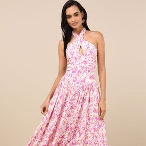Lulus Jabina Ivory Multi Floral Cross-front Midi Dress White - Size S